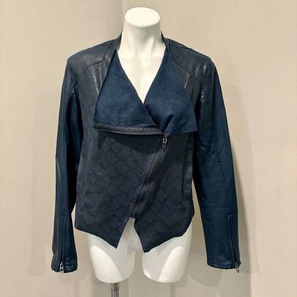 Blank NYC Jacket Large Dark Blue Faux Leather Zip Front Pockets - Picture 15 of 15